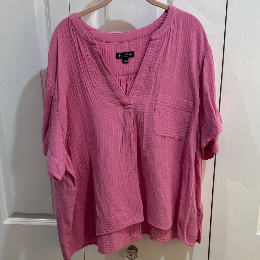J. Crew Pink Short Sleeve Mandarin Collar Blouse Plus Size 3X Cotton Gauze